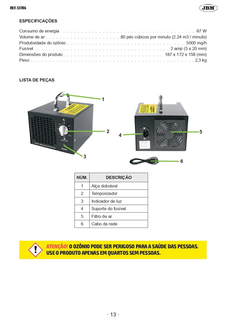 Generador de ozono portátil 5000 mg/h (220 V) 53786