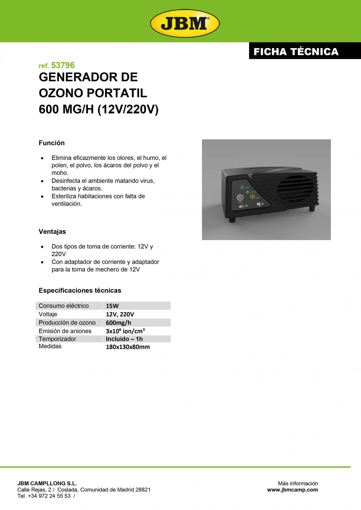 Gerador de ozono portátil 600 MG/H | JBM 53796