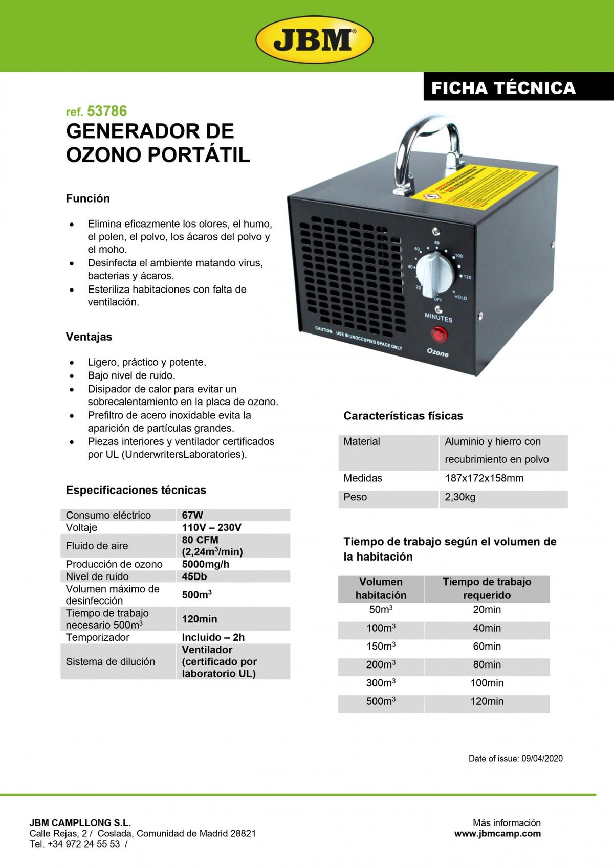 Generador de ozono portátil 5000 mg/h (220 V) 53786