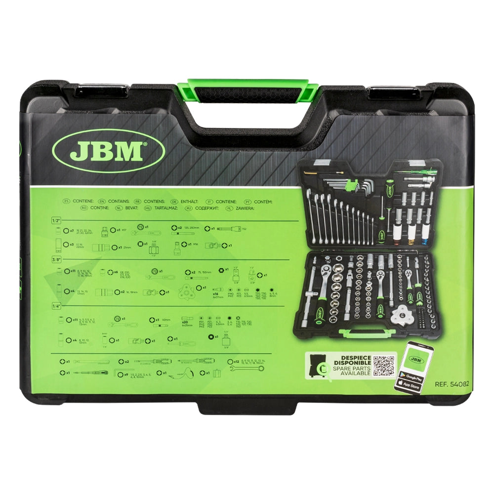 Juego de herramientas de 132 piezas con vasos hexagonales zincados de 1/2", 1/4" y 3/8" (JBM 54082)