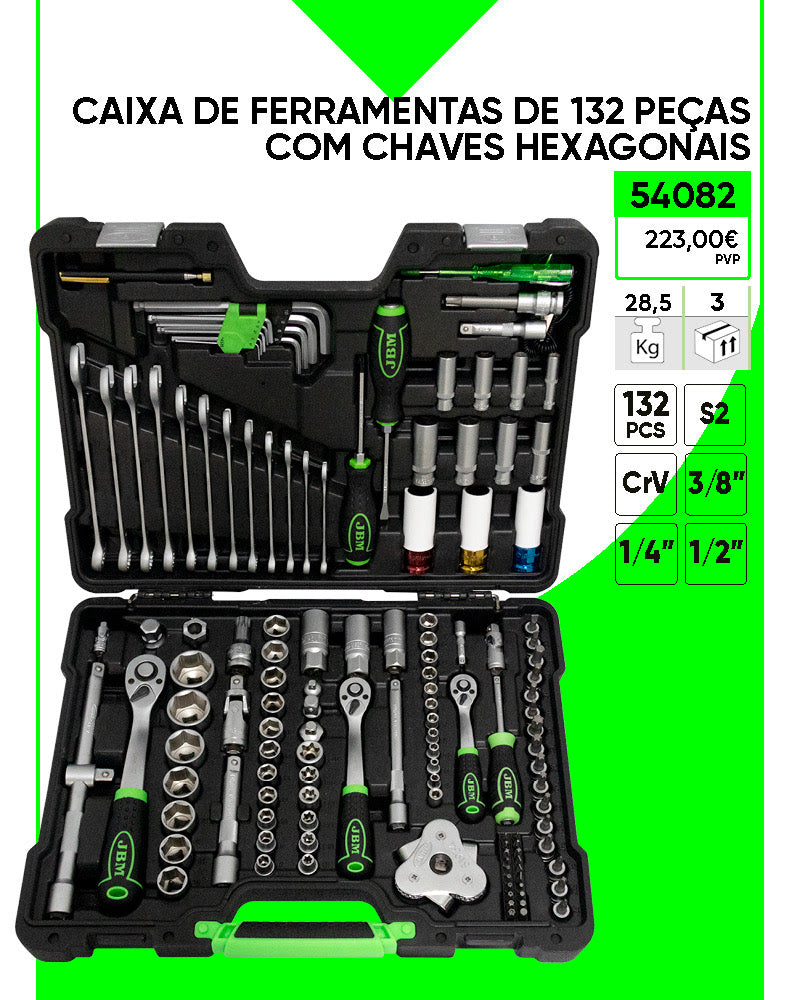 Juego de herramientas de 132 piezas con vasos hexagonales zincados de 1/2", 1/4" y 3/8" (JBM 54082)