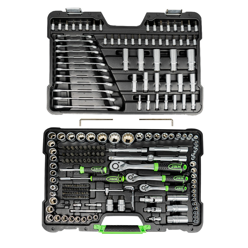 Caja de herramientas JBM  216 MALETÍN DE HERRAMIENTAS DE 216 PIEZAS CON VASOS DE 12 CANTOS DE 1/4", 3/8" Y 1/2" CINCADO JBM 54250 