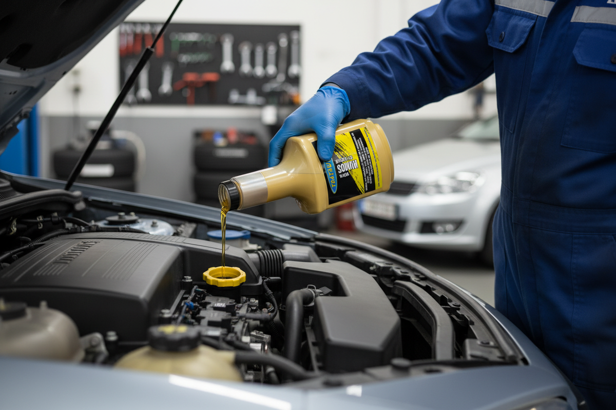 Mecânico a aplicar Tratauto 7089 no óleo do motor